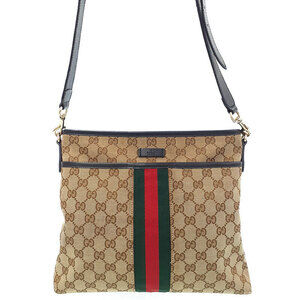 Gucci GG Monogram Brown Web Flat Messenger Bag red green web
